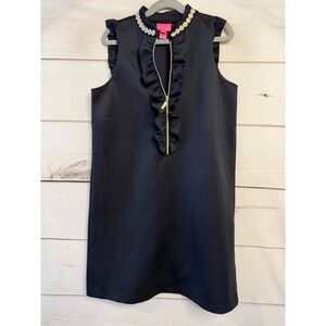 Lilly Pulitzer Black Ruffle Zip Neck Shift Dress Gold Embroidery XL 12-14
